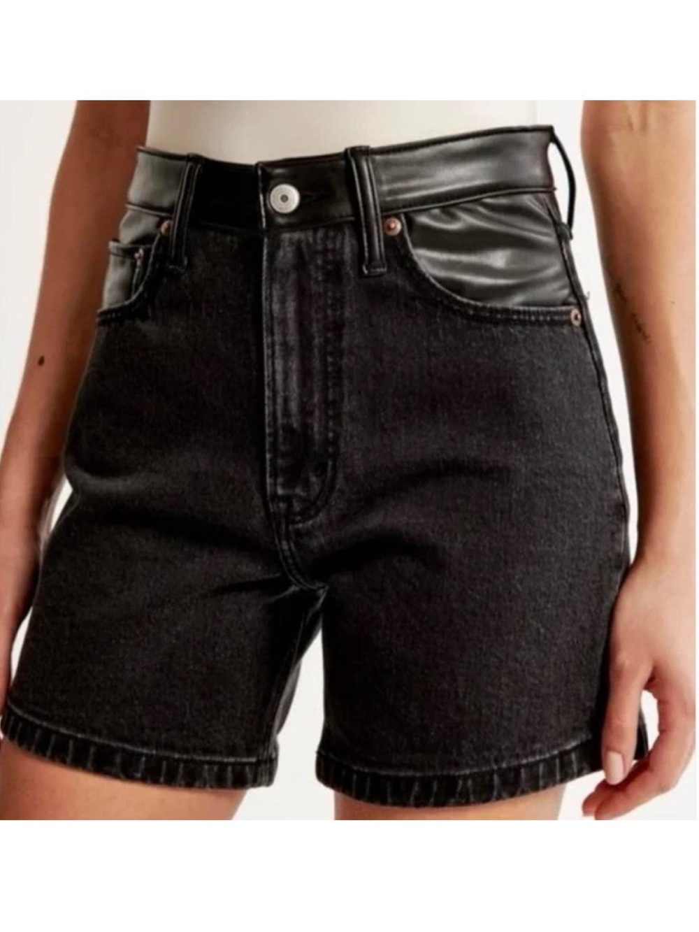 Abercrombie & Fitch Faux Leather & Black Denim High Rise The Dad Short Waist 25